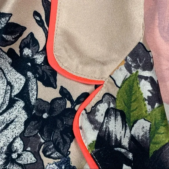 Silky Victoria’s Secret Pajama Top, Floral Button-up w/ Neon Pink Piping, Pocket - Picture 4 of 14